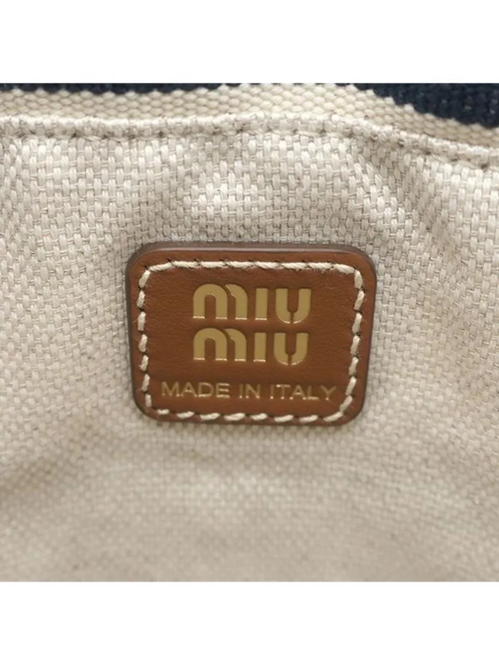 Miu Miu Handbag Drawstring Pouch Canvas Leather Navy Natural Gold Striped
